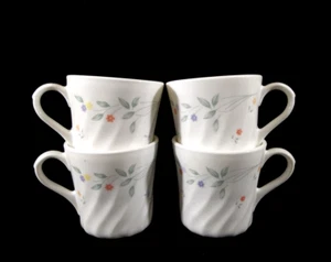 Corning Corelle 4 White Swirl Coffee Cups with Pink, Blue and Yellow Flowers - Picture 1 of 10