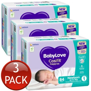 3 x Babylove Cosifit Nappies Size 1 Newborn Up To 5Kg Unisex Nappy Pads 84 Pack - Picture 1 of 12
