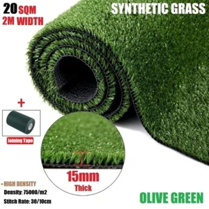 20SQM Synthetic Grass Turf 15mm Pile Olive Artificial Grass + Joining Tape - Picture 1 of 9
