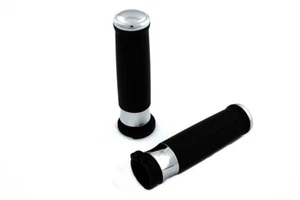 Black Grip Set with Chrome End Caps for Harley Sportster 2004-up XL #56735-04 - Picture 1 of 1