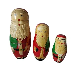 Vtg Santa Claus w/Tree Russian Wooden 3Pc Nesting Dolls Hand Painted READ - Picture 1 of 20