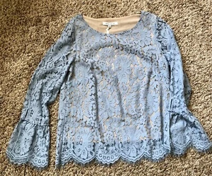 NWT Rose & Olive Dusty Blue Tan Lace Easter Spring Top - Picture 1 of 3