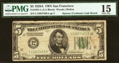 1928 $5 Federal Reserve Note PMG 15 San Francisco Fr 1950-L - Image 1 of 2