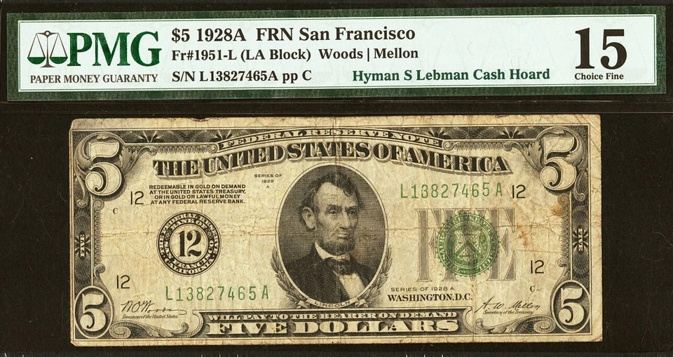 1928 $5 Federal Reserve Note PMG 15 San Francisco Fr 1950-L - Image 1 of 2