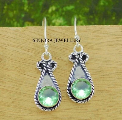 Brincos pendurados/gotas de prata esterlina 925 com pedra preciosa de ametista verde feitos à mão - Imagem 1 de 3