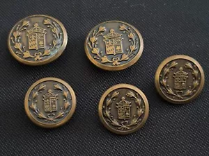 Five 5 Vintage Coppery Metal Sewing Shank Buttons Crest Coat of Arms Two 2 Sizes - Picture 1 of 6