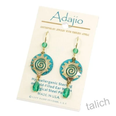 Adajio Earrings Shiny Gold Plated Starburst Design Over Teal Green Disc & Bead - Image 1 of 4