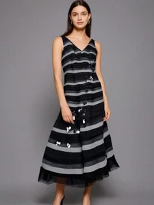 Romyda Keth Dress AUS 12 US8 Black Midi Tiered Ribbon Silk Event Formal Cocktail - Picture 1 of 9