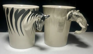 Vintage Set Of 2 Hand-painted Stoneware Pier 1 One Elephant & Zebra Coffee Mugs - Picture 1 of 7