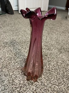 VINTAGE Handmade Czech Republic Bohemian Pink Wavy Glass Vase~10" Tall - Picture 1 of 13