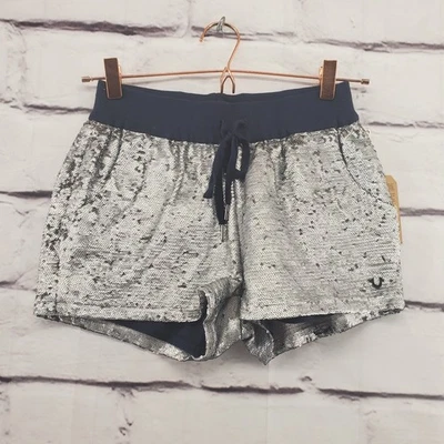 TRUE RELIGION Shorts Womens XS Sequins Drawstring Pull On Silver Blue NWT - Image 1 of 4