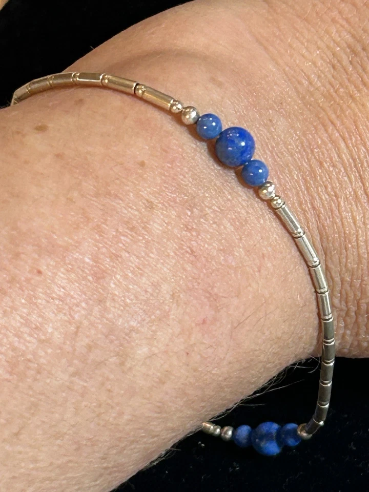 CAROLYN POLLACK 925 纯银 Lapis 珠液体银脚链,10 英寸 — 第 1/4 张图片