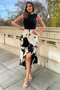 AX Paris Occasion Black and Cream Floral Print 2 in 1 Dress Size 12 - Picture 1 of 8