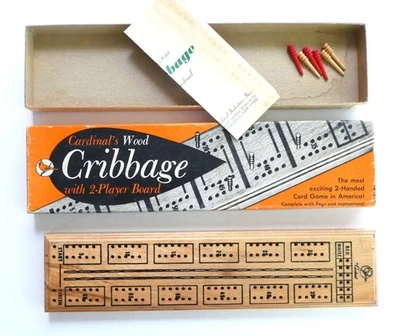 Cardinal's Wood Cribbage 2 Player Board Vintage Red & White Pegs Brooklyn NY - Image 1 of 4
