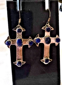 Sterling Silver Lapis Lazuli Cross Dangle Earrings .925 Thailand 1 3/4" Vintage - Picture 1 of 9