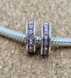 2 Authentic Sparkling Hearts Love Silver Pink Cz Spacer European Charm Bead Lot - Picture 1 of 3