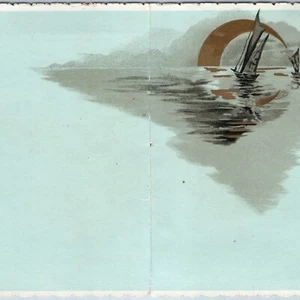 Hermosa tarjeta de felicitación vacía arte litográfico de la década de 1890 doble pliegue vela luna artesanías C55 - Imagen 1 de 5