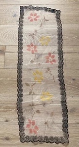 VTG Japan Sheer Nylon Scarf Silk Screened Flowers Black Velvet Burnished Trim - Picture 1 of 7