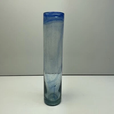 Mexican Style Hand Blown Glass Vase Blue Rim Tall Flower Vase 11.75”x 2.5” - Image 1 of 4