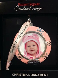 NEW STUDIO DESIGN baby's first christmas 2021 pink photo ball xmas ornament snow - Picture 1 of 1