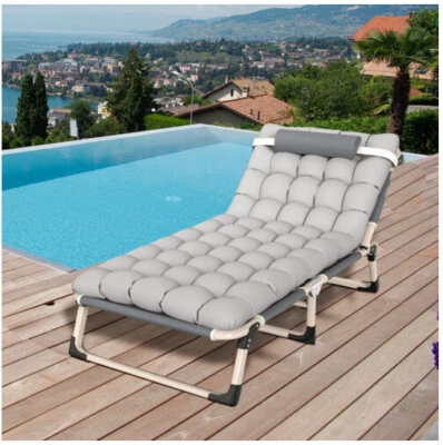 Sun Lounger Folding Garden Sun Lounger with Pillow + Cushion Deckchair Beach Sun Lounger - Image 1 of 4
