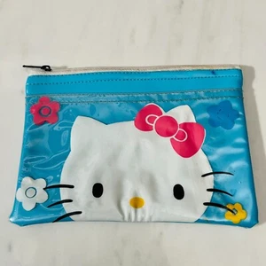 Hello Kitty Sanrio Blue Coin Purse Pouch Makeup Cosmetic Zipper Pink Bow - Picture 1 of 4