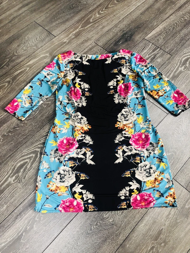 Stylish Black Colourful Floral Print Stretch Mini Dress 3/4 Sleeves 14-16 - Image 1 of 4