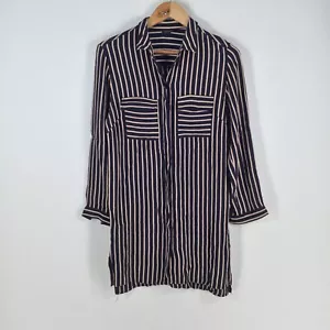 Topshop womens tunic blouse shirt size 8 navy blue striped long sleeve 059643 - Picture 1 of 9