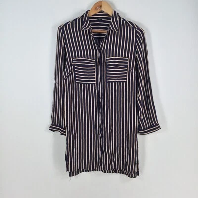 Topshop Mujer Túnica Blusa Camisa Talla 8 Azul Marino Rayas Manga Larga 059643 Foto 1 de 4