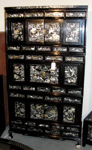 KOREAN BLACK LACQUER 3 PIECE STORY WEDDING CHEST MOTHER OF PEARL INLAY ANTIQUE Cover