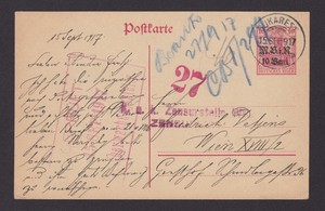 ROMANIA 1917, Pre-stamped card to Vien with 3 censor marks, German occup., WWI