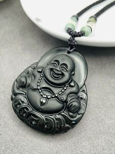 Jade Obsidian Buddha Charm Pendant Necklace Beads Cord Handmade Carved Gemstone