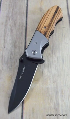 7.75" TACFORCE SPRING ASSISTED KNIFE WOOD HANDLE RAZOR SHARP BLADE WITH CLIP  - Image 1 of 4