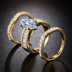 R046 Women Jewelry 18K Yello Gold GP Engagement Wedding Bridal Band Ring 3pc/Set
