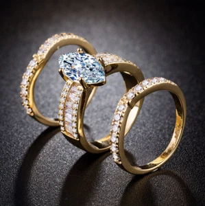 R046 Women Jewelry 18K Yello Gold GP Engagement Wedding Bridal Band Ring 3pc/Set - Picture 1 of 3