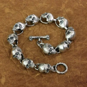 Enorme Pulsera Cadena Calaveras Detalles Plata de Ley 925 Joyería Motociclista TA170B BZ - Imagen 1 de 19
