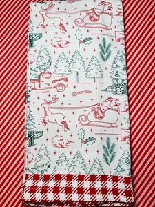 2 CHRISTMAS KITCHEN TOWELS SANTA ON SLED TREES TRUCKS GIFTS REINDEER HOLLY - Picture 1 of 11