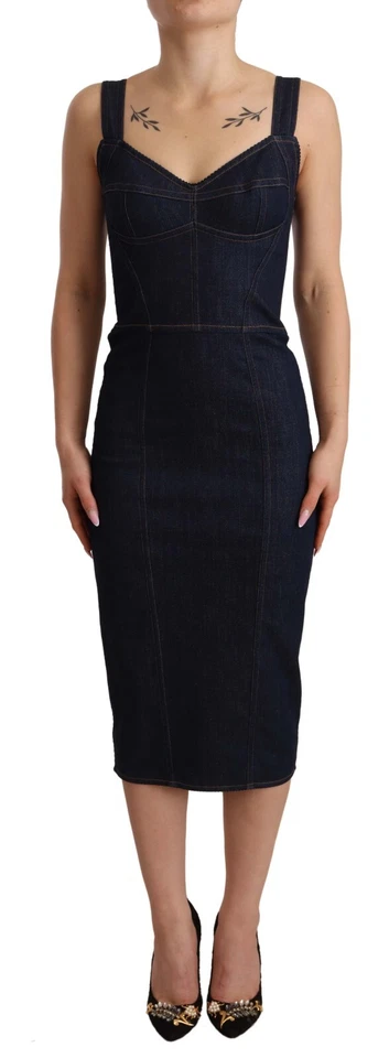 Dolce&Gabbana Women Navy Blue Dress Cotton Blend Denim Sheath Bodycon Wrap IT 38