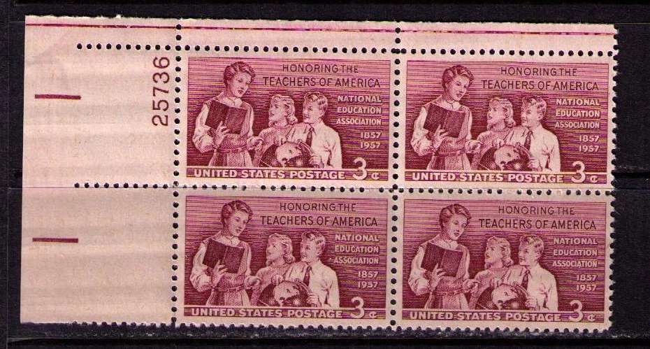 US USA Sc# 1093 MNH FVF PLATE# BLOCK Teachers Education Boy Girl Book Globe - Image 1 of 1