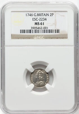 Great Britain - 1746 George II - Maundy 2 pence - NGC MS61 - REFLECTIVE SURFACES - Image 1 of 2