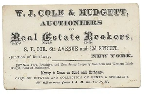 1870s W.J. Cole & Mudgett Auctioneers/Real Estate Brokers Business Card-New York - Picture 1 of 3