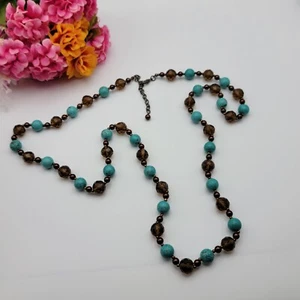 Amber Crystal Turquoise Howlite Stone Beaded Long Chain Necklace 41 Inch Adj. - Picture 1 of 6