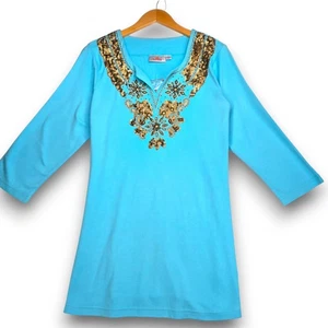 QUACKER FACTORY Women's Long Sleeve Tunic Top Shirt Medium Blue Gold Embroidery - Picture 1 of 8