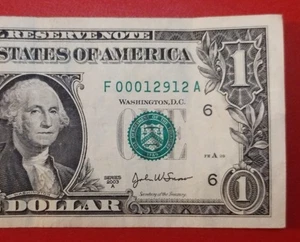 $1 One Dollar Bill Fancy Serial Number F00012912A Series 2003A Slightly Miscut - Picture 1 of 4