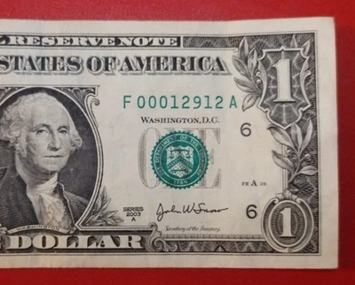 $1 One Dollar Bill Fancy Serial Number F00012912A Series 2003A Slightly Miscut - Image 1 of 4