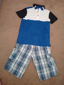 Boys 11-12 Next Blue Polo Shirt, Blue Checked Asda Shorts - Picture 1 of 8