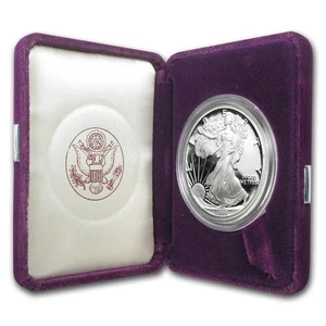 Moneda de prueba American Silver Eagle 1990 S de 1 oz con caja y certificado de autenticidad con ligeros arañazos - Imagen 1 de 3