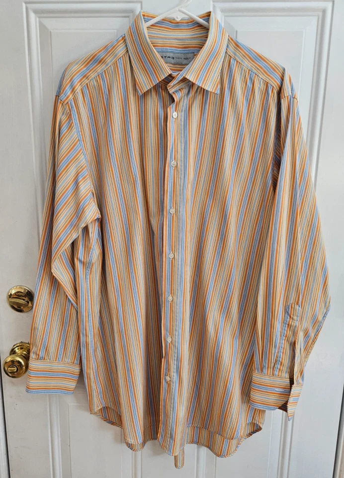 ETRO Made in Italy Shirt Size 44 Orange, white, blue, yellow stripe, long sleeve - Image 1 of 4