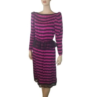 Vtg 80s Joan Leslie striped polka dot silk puff sleeve peplum new wave dress - Image 1 of 4