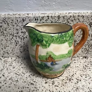 Antique Majolica Creamer Pitcher, 1920s Japan, Bas Relief Water Scene Vintage - Picture 1 of 7